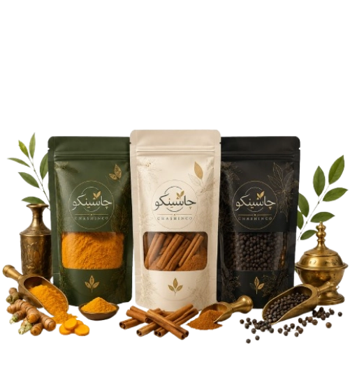 ادویه و چاشنی چاشینکو شامل زردچوبه، دارچین و فلفل سیاه