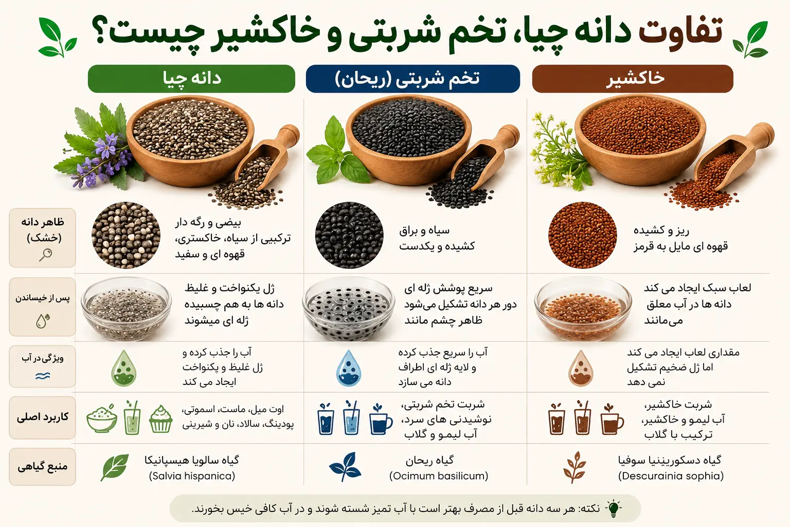 تفاوت دانه چیا، تخم شربتی و خاکشیر از نظر ظاهر، لعاب و کاربرد