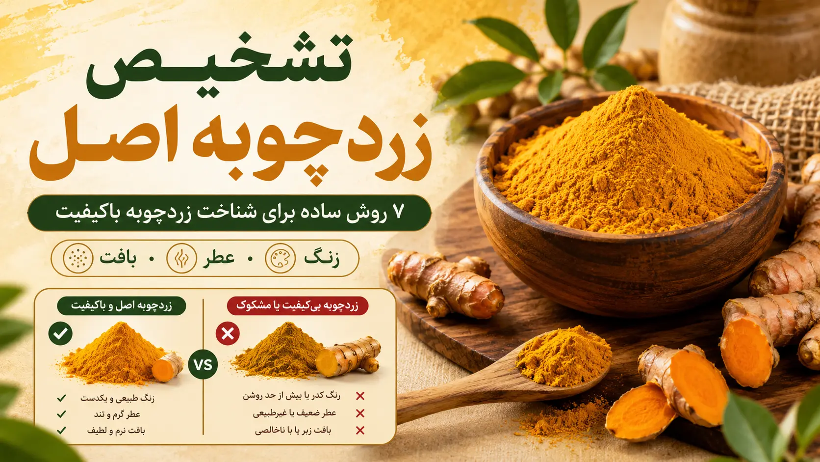 تشخیص زردچوبه اصل از تقلبی با بررسی رنگ، عطر و بافت