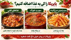 اینفوگرافیک زمان افزودن پاپریکا به غذای تفتی، سوپ و سیب‌زمینی سرخ‌کرده